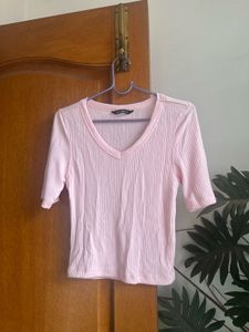 Pink Ribbed V-Neck Top