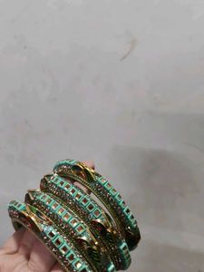 Peacock Teal &amp; Gold Beaded Bangles - Set of 4