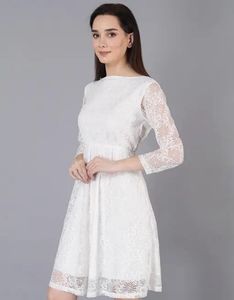 Jakanari Women A-line White Knee Length Dress