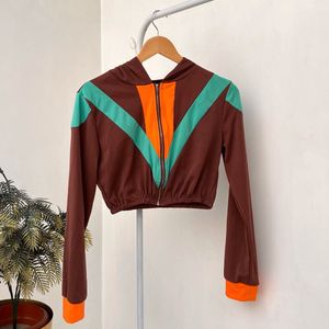 Retro Colorblock Cropped Hoodie