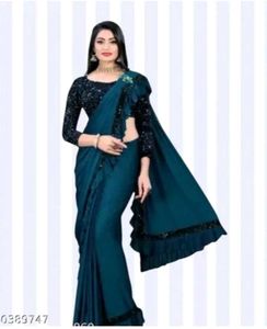 Ready to Wear Lycra Blend Navy Blue Ruffle Saree