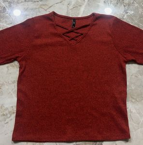 Crisscross V-Neck Red Top