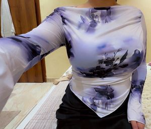 Asymmetrical Floral Mesh Long Sleeve Top