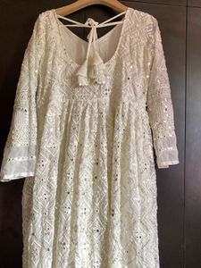 Mirror Work White Anarkali Kurta With Dupatta