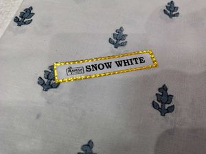 Pure Cotton Saree Fabric - White &amp; Blue Leaf Print