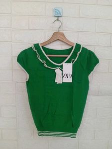 Green Ruffle Collar Top