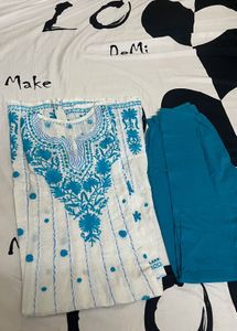 White &amp; Blue Embroidered Kurti Dress
