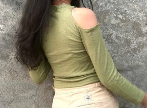 Green Ribbed Cut Out Top