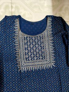 Navy Blue Embroidered Kurti Pant Dupatta Set