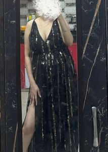 Black Sparkling Sequin Both Side Slit Maxi Dress