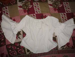 White Embroidered Half Shoulder Top