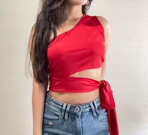 Red One-Shoulder Tie Top