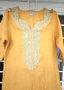 Mustard Yellow Cotton Embroidery Kurthi