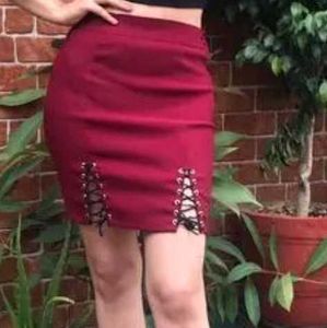 Red Lace-Up Mini Skirt
