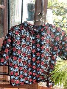 Black Self Design Sheer Boxy Top