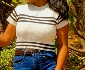 Cute White Crop Top With Black Strips