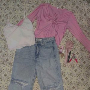 White Lace Cami + Pink Tie-Up Top