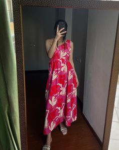 Fit&Flare One Shoulder Pink Floral Maxi