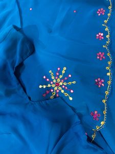 Blue Floral Mirror Work Saree with Blouse
