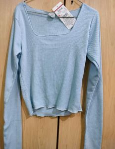 Sky Blue Square Neck Full Sleeve Crop Top