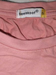 Peach Tee with White Stripes On Sleeves