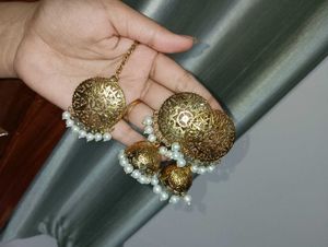 Golden Jhumka Earrings with Pearls