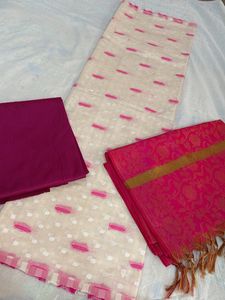 Cream and Bright Pink Banarasi suit
