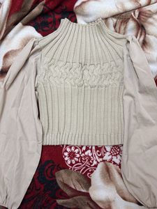 Beige Knit & Puff Sleeve Top