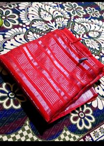 Red &amp; Silver Striped Saree....sari Buy Two One Fre