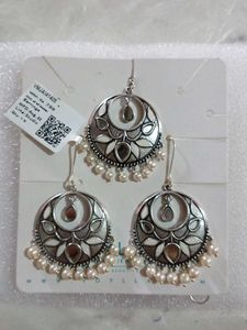 Voylla Silver-Toned Earrings & Maang Tikka Set