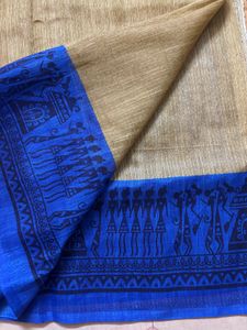 Elegant Blue &amp; Gold varli painting Saree