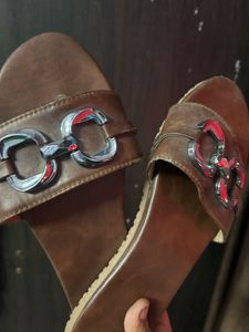 Brown Slides with Silver Buckle Detail