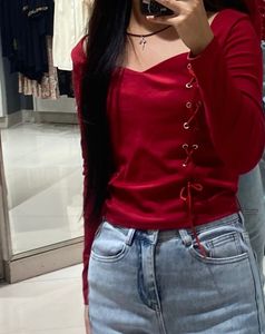 Red Lace-Up Long Sleeve Top