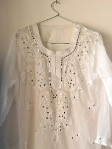 Mirror Work Chikankari White Kurta