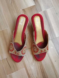 Red & Gold Embellished Mules