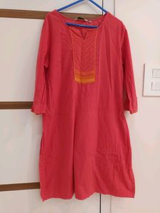 Coral Pink Color Avaasa Branded Kurti With Yoke Em