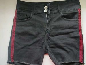Black Denim Side Stripe Shorts