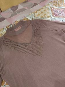 Dusty Mauve Rhinestone Embellished Mesh Knit Top ✨