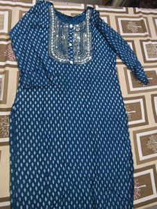 Blue Printed Kurti with Embellished Neckline