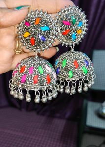 Silver Jhumka With Multi Colour Stone