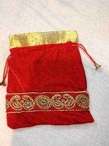 Red Velvet Embellished Drawstring Bag