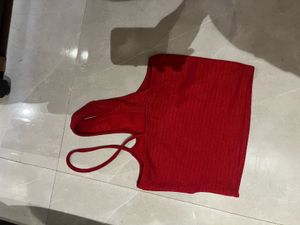 Red Ribbed One-Shoulder Crop Top – AJIO