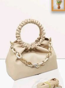 Beige Ruched Handle Chain Bag