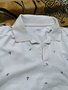 Uniqlo Men Cotton Mix Cream Printed Polo Tshirt