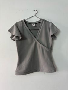 Grey Wrap Top w/ Ruffle Sleeves