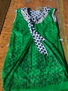 Green Floral Dress with Polka Dot Scarf