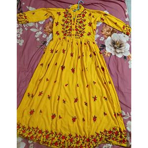 Yellow Floral Embroidered Long Sleeve Dress