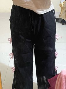 Trendy Black Track Pants with Pink Ribbon