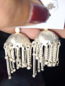Silver Jhumka Earrings With Pearl Tassels