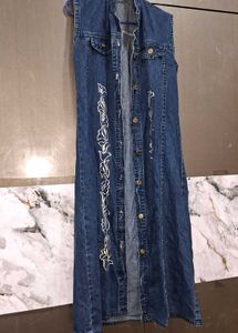 Denim Dress With Brown And  White Striped Hodie